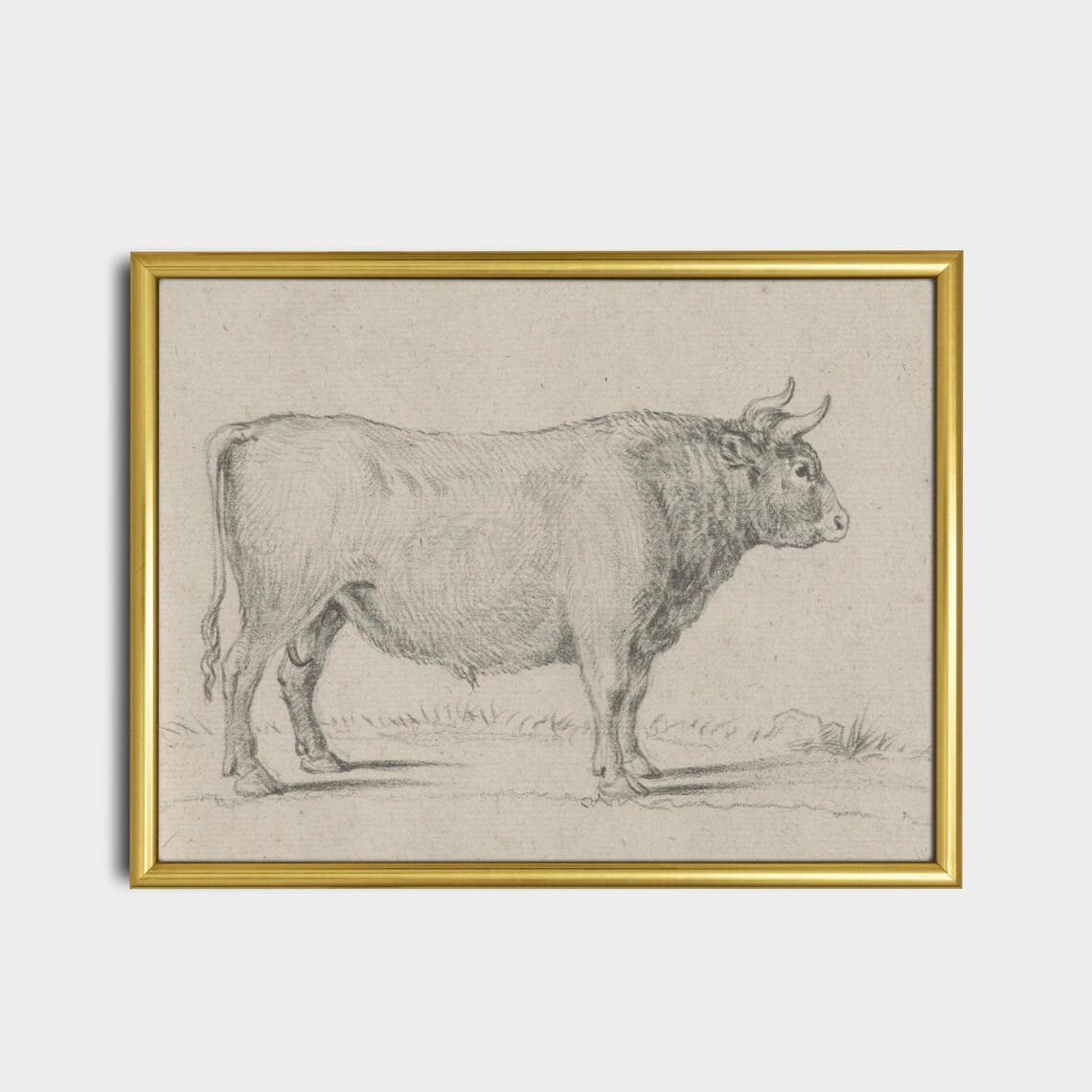Standing Bull in Profile Antique Vintage Graphite Sketch Poster - Image 2