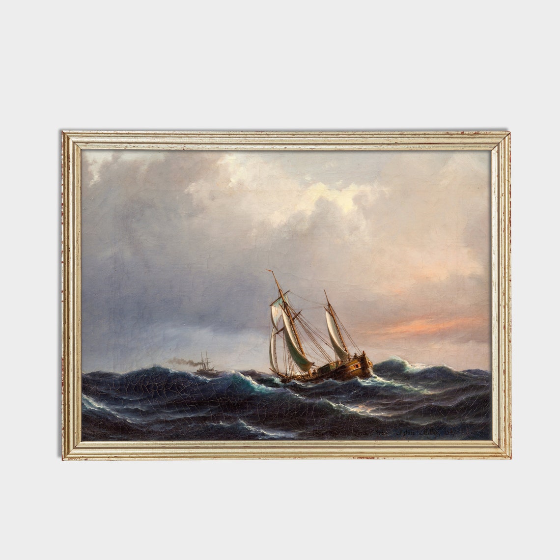 Vintage Seascape Painting Antique Sailing Ship Print Moody Rustic Fine Art Nautical Decor Wall Art - Image 2