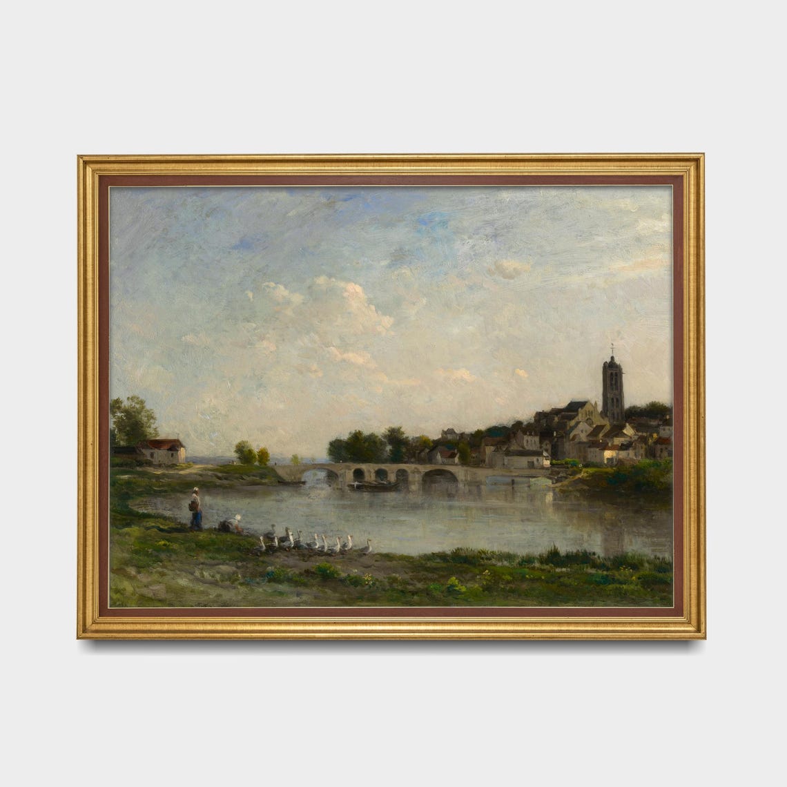Antique Village River Scene with Bridge Church and Geese Poster - Image 5