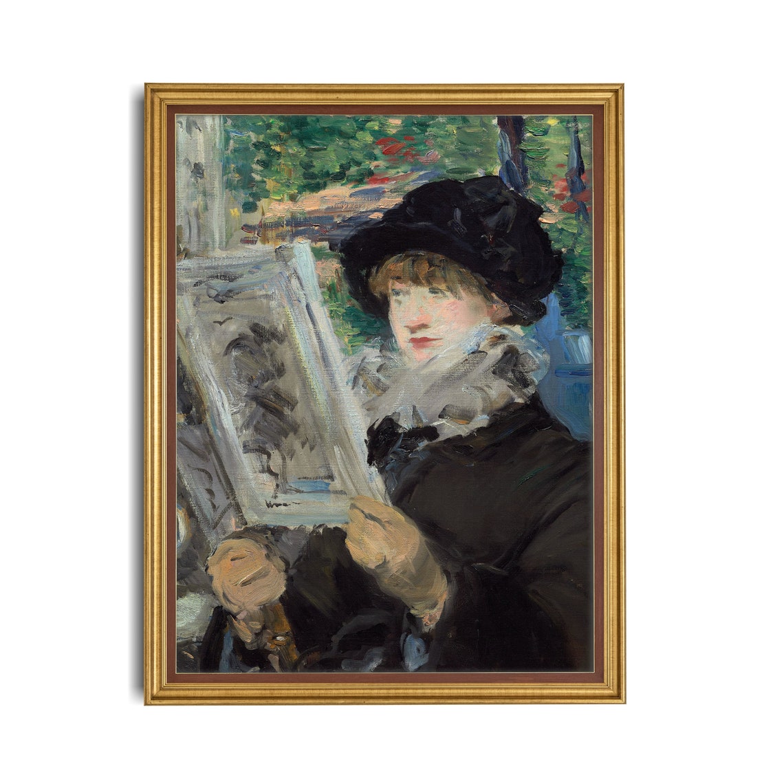 Woman Reading Newspaper Outdoors Impressionist Portrait Poster - Image 2