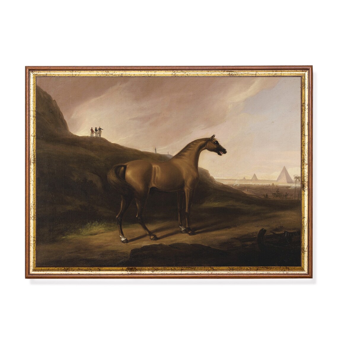 Bay Horse Standing Before Pyramids Desert Dusk Vintage Equine Poster