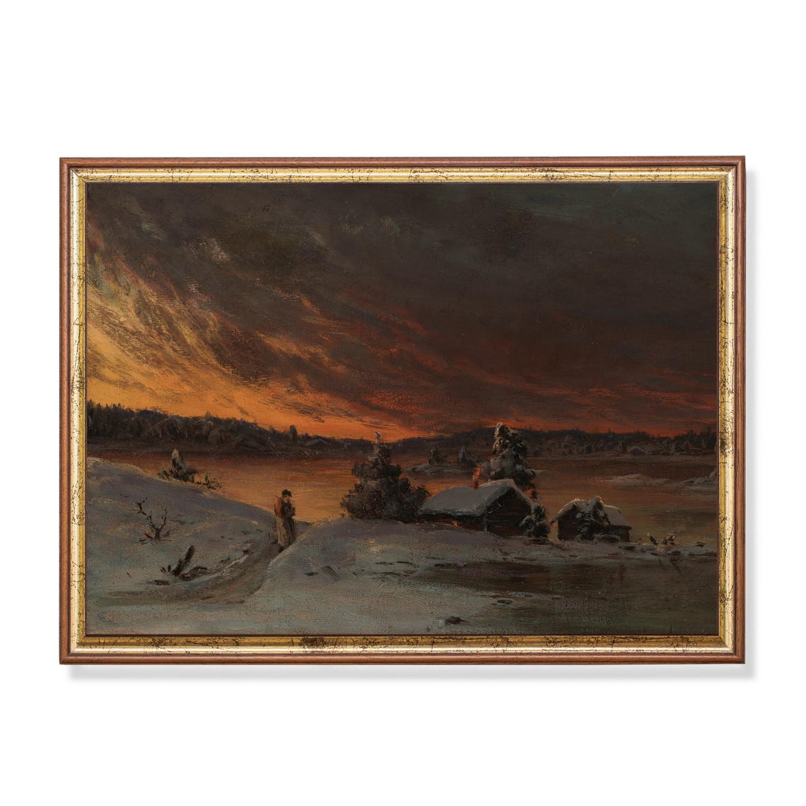 Fiery Winter Evening Sunset over a Frozen River with Cabins Poster