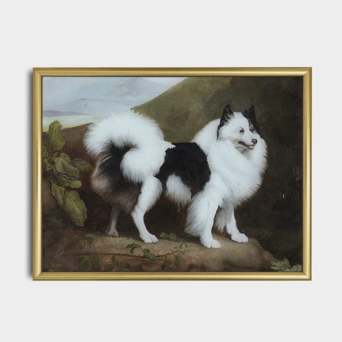 Fluffy Black and White Spitz Dog Standing on a Rock Portrait Poster - Image 5