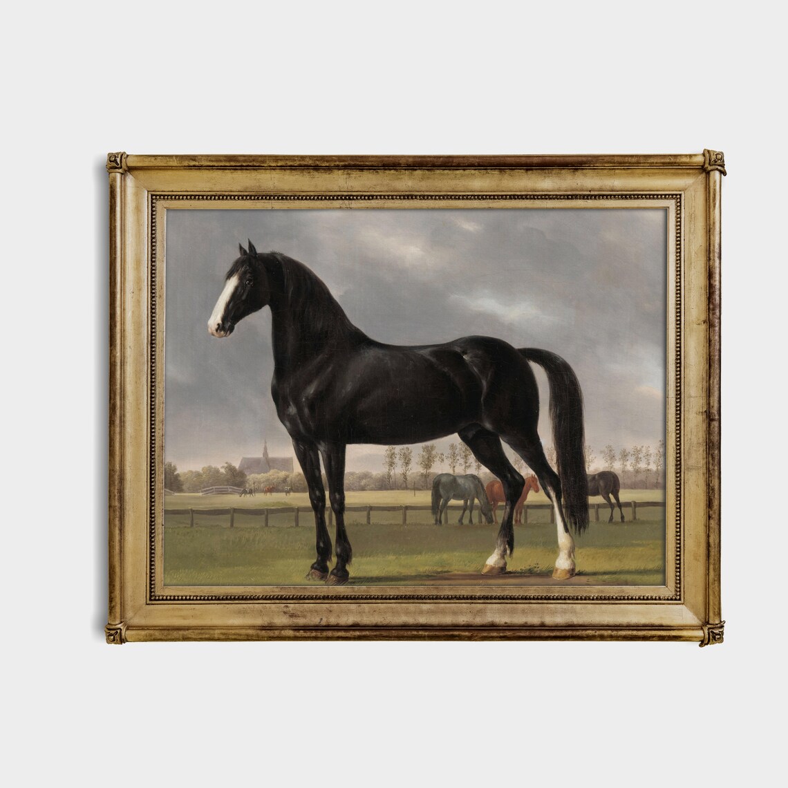 Black Horse Standing Paddock Church Tower Vintage Equine Poster - Image 2