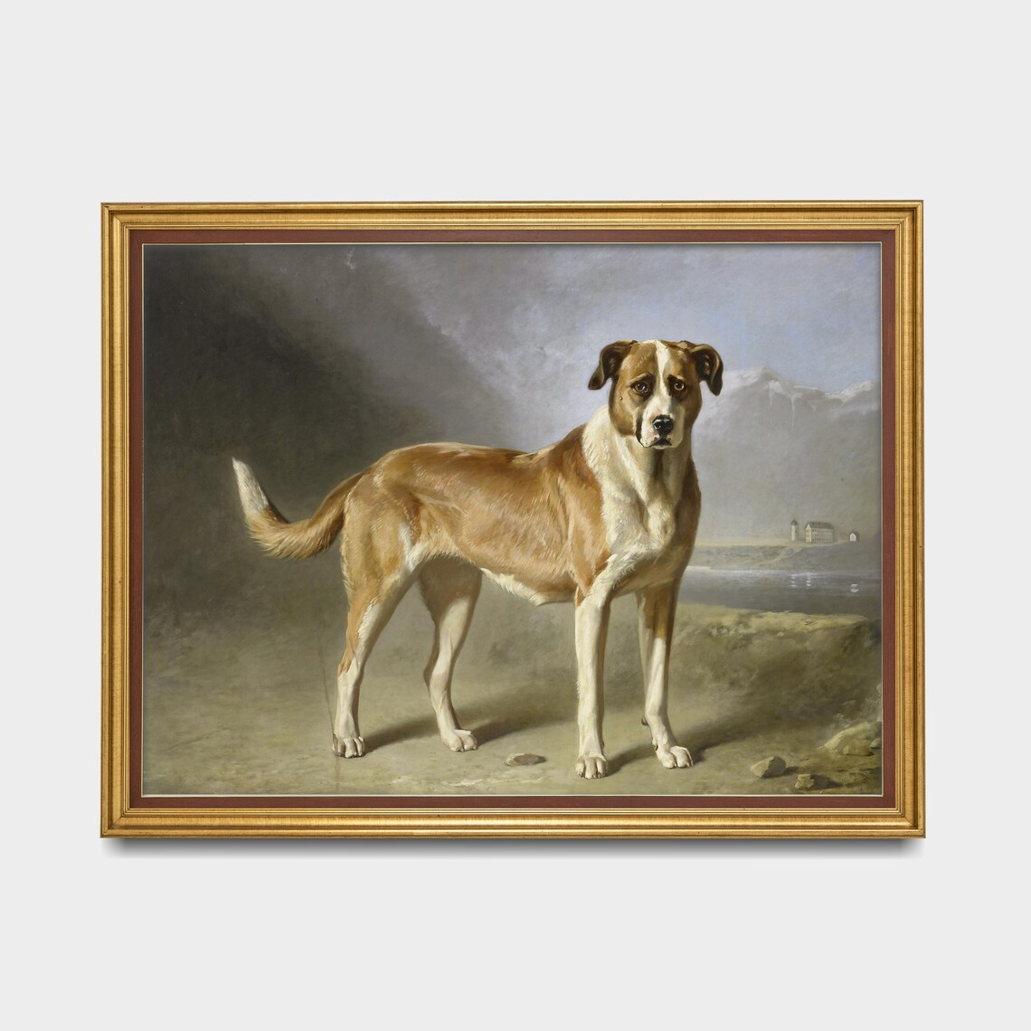 Vintage Tan and White Hunting Dog Painting Mountain Art Poster - Image 4
