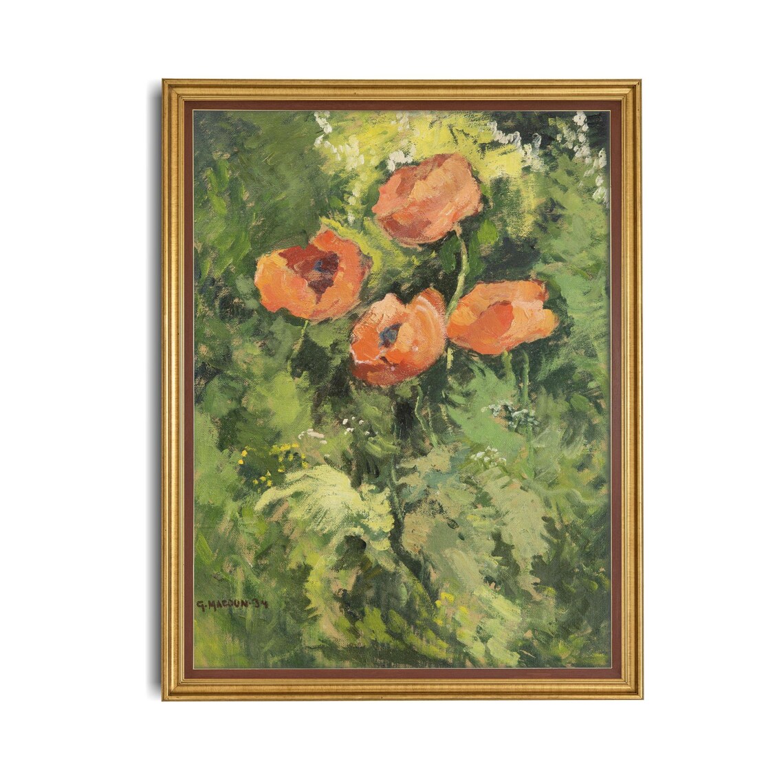 Three Orange Poppies Lush Green Garden Vintage Floral Art Poster - Image 4