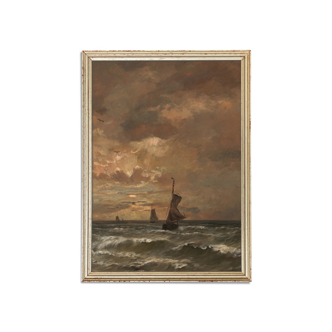 Sailboats on Rolling Waves Under a Fiery Sunset Sky Moody Poster - Image 5