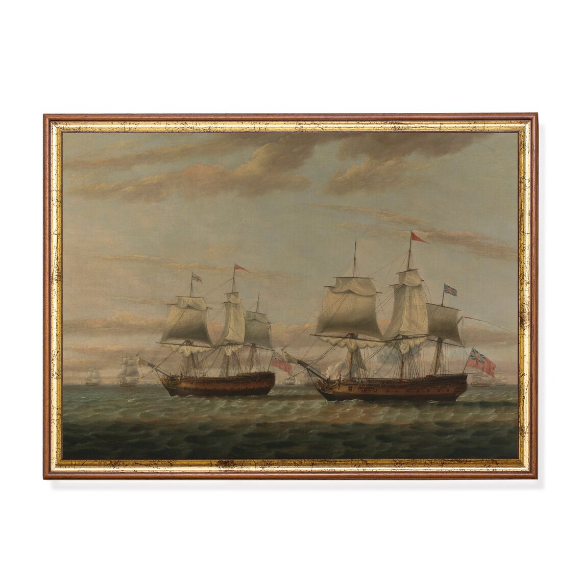 British Sailing Warships Under Full Sail Vintage Maritime Poster