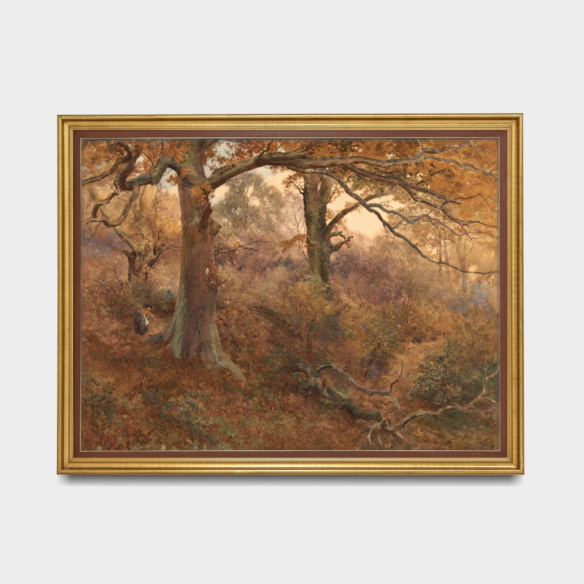 Autumn Oak Forest with a Lone Figure Vintage Woodland Painting Poster - Image 3