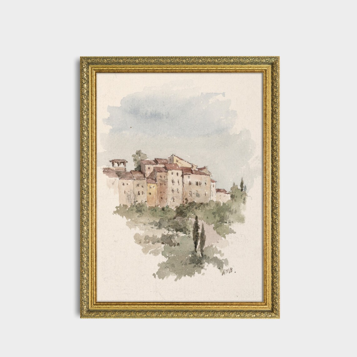 Italian Hilltop Town in Delicate Watercolor Art Painting Poster - Image 3