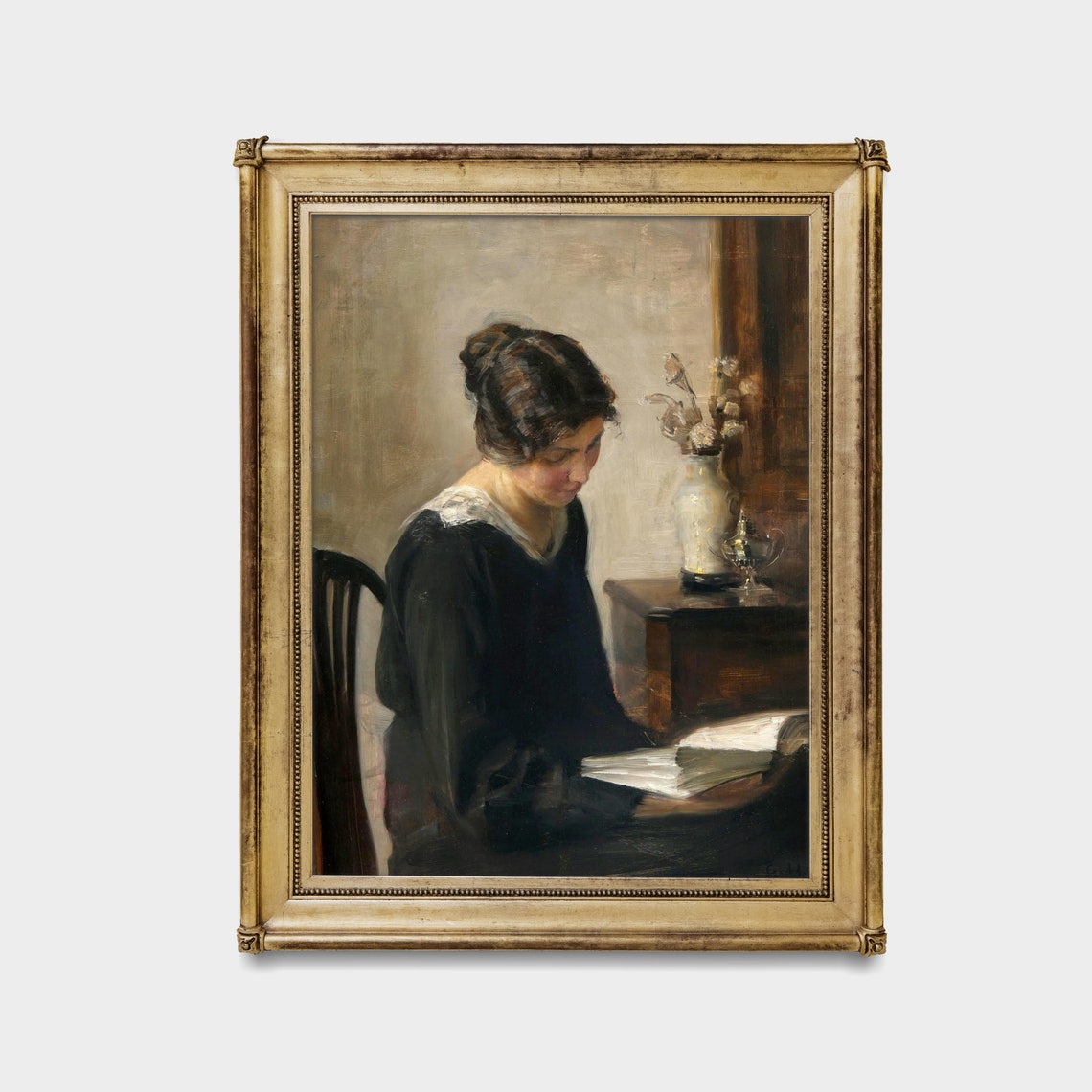Woman Reading a Book at a Table Vintage Literary Painting Poster - Image 2