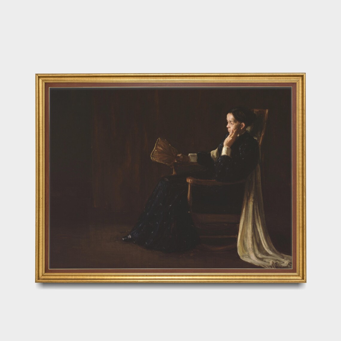 Seated Woman with Fan in Dark Room Moody Portrait Painting Poster - Image 3