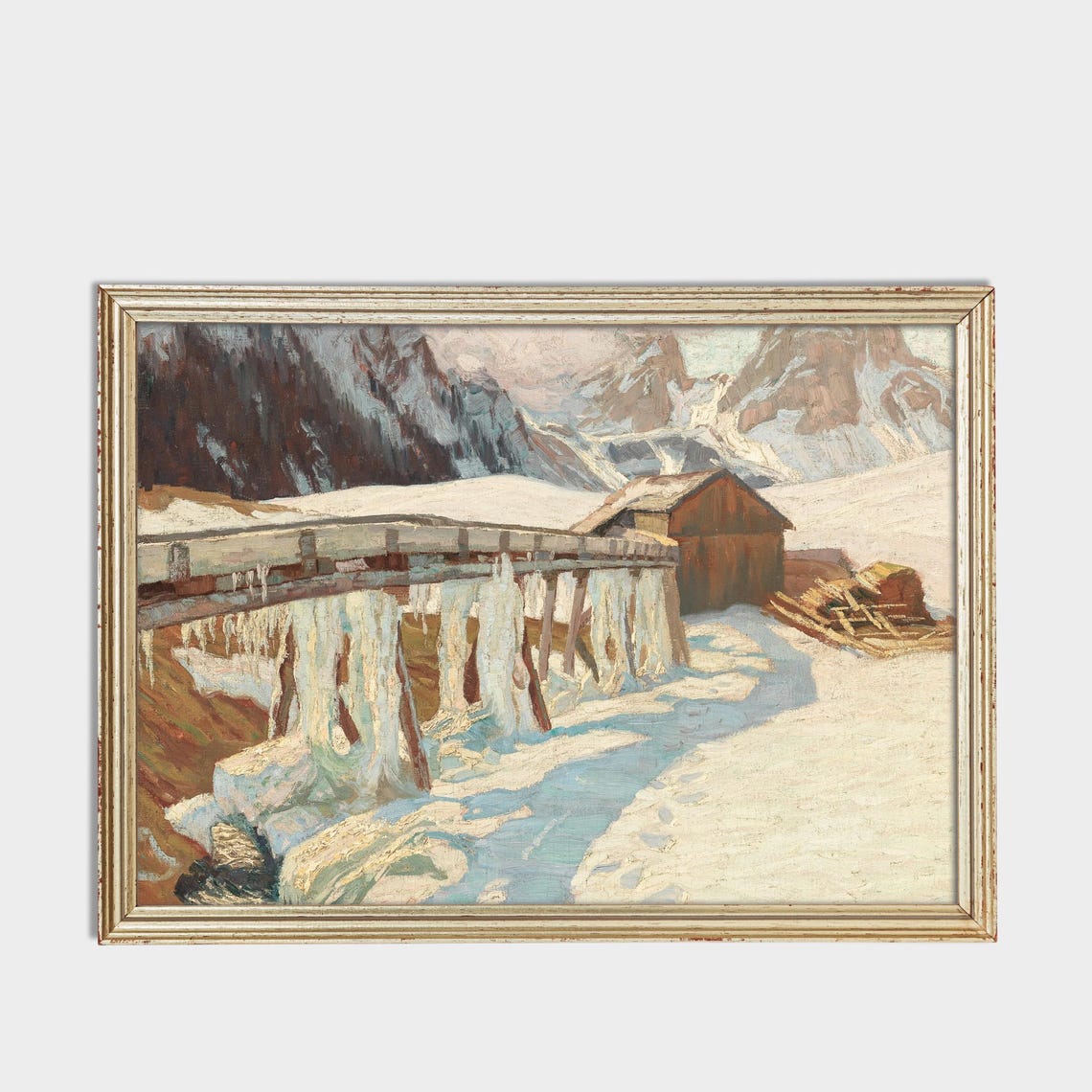 Frozen Alpine Mill with Icicles Winter Mountain Scene Poster - Image 3
