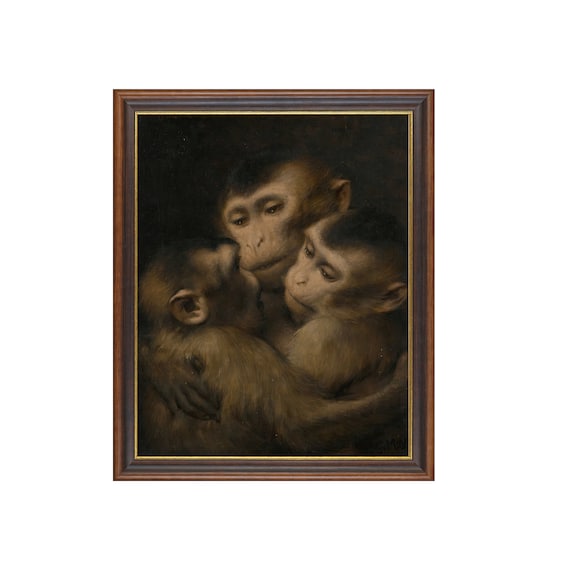 Three Monkeys Huddled Together Vintage Dark Animal Painting Poster