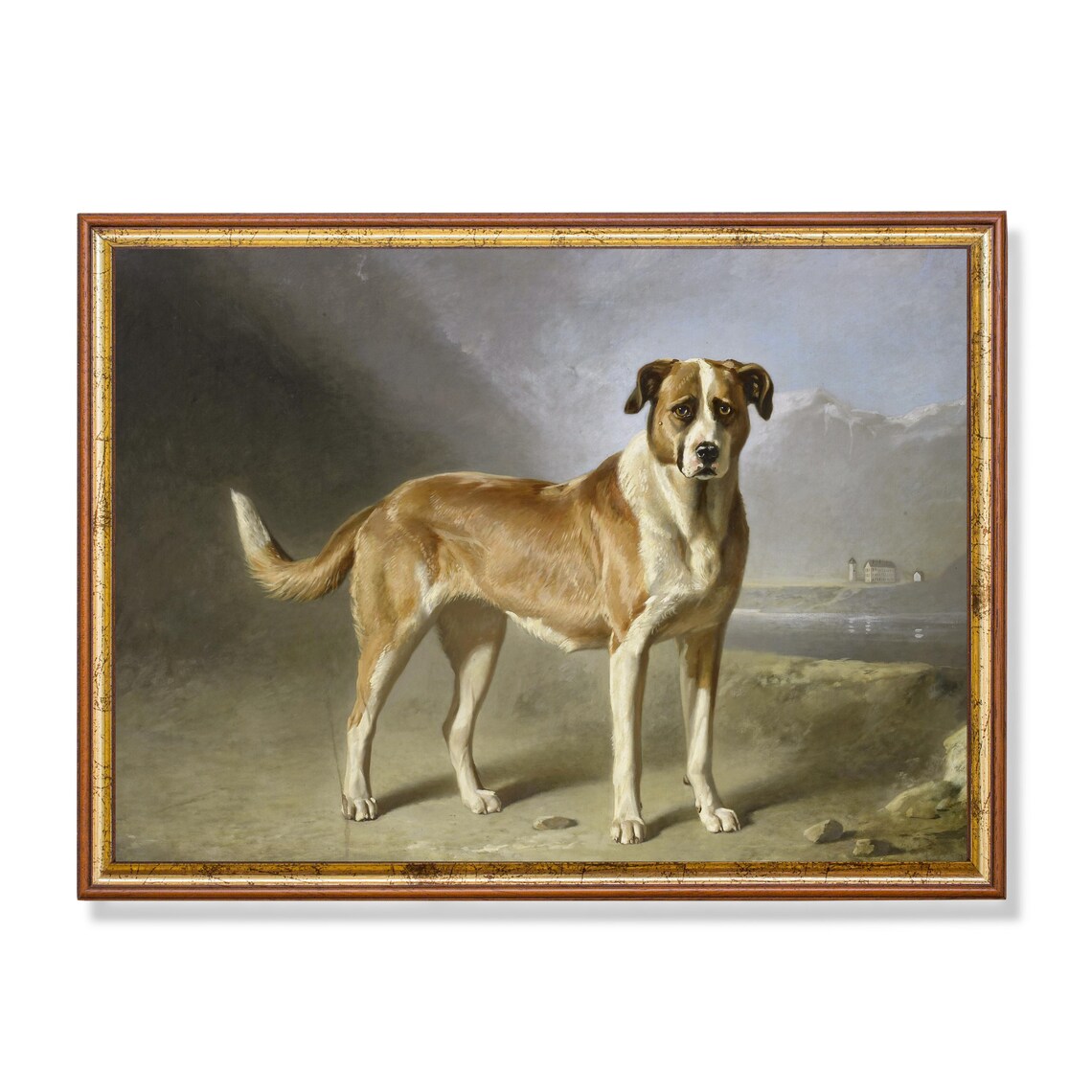 Vintage Tan and White Hunting Dog Painting Mountain Art Poster