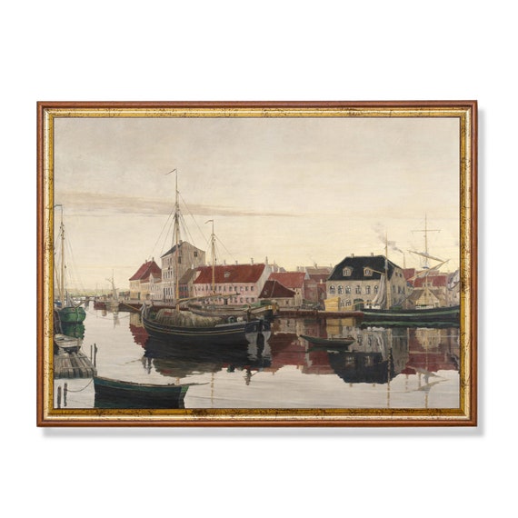 Vintage Sailing Ship Painting Antique Harbour Print Nautical Decor Wall Art Seascape Fine Art Print