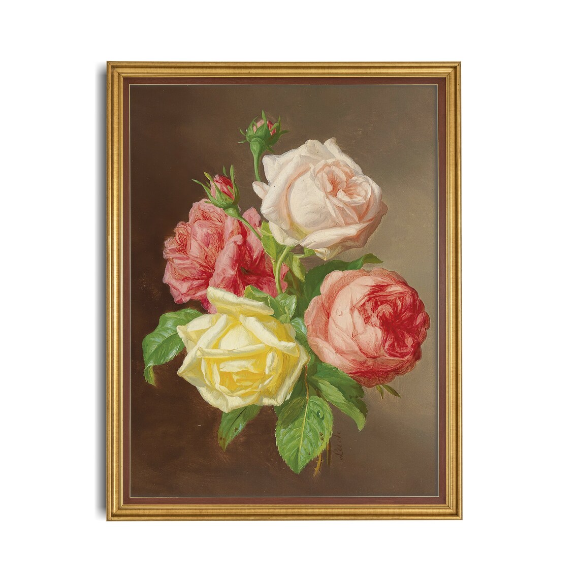 Loose Pink White and Yellow Garden Roses Vintage Floral Poster - Image 2