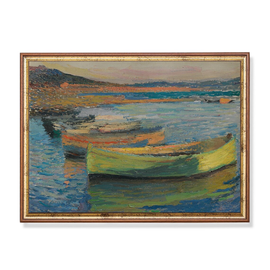 Colorful Fishing Boats Harbor Impressionist Nautical Art Poster