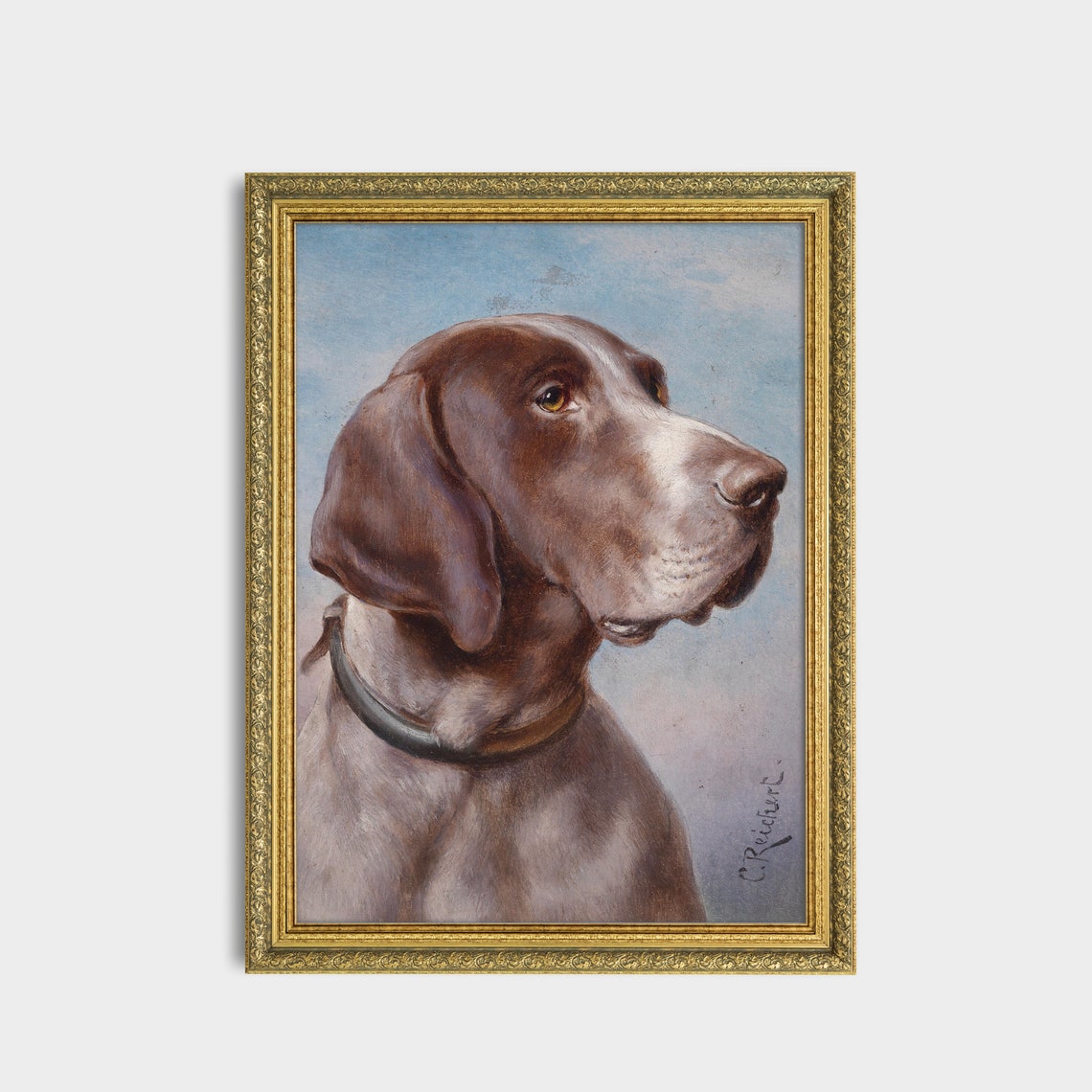 Vintage Pointer Dog Portrait Antique Gundog Head Study Oil Poster - Image 3