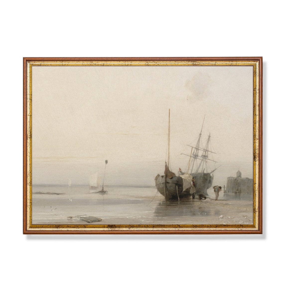 Beached Sailing Ships at a Misty Shoreline Antique Oil Poster