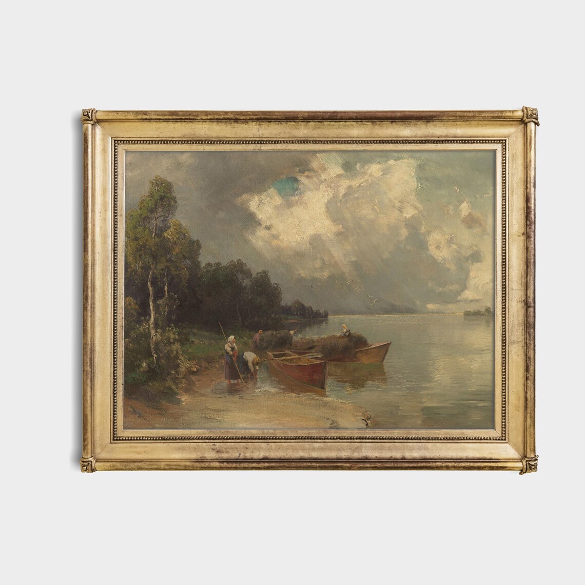 Washerwomen With Boats On A Stormy Lakeshore Vintage Art Poster - Image 4