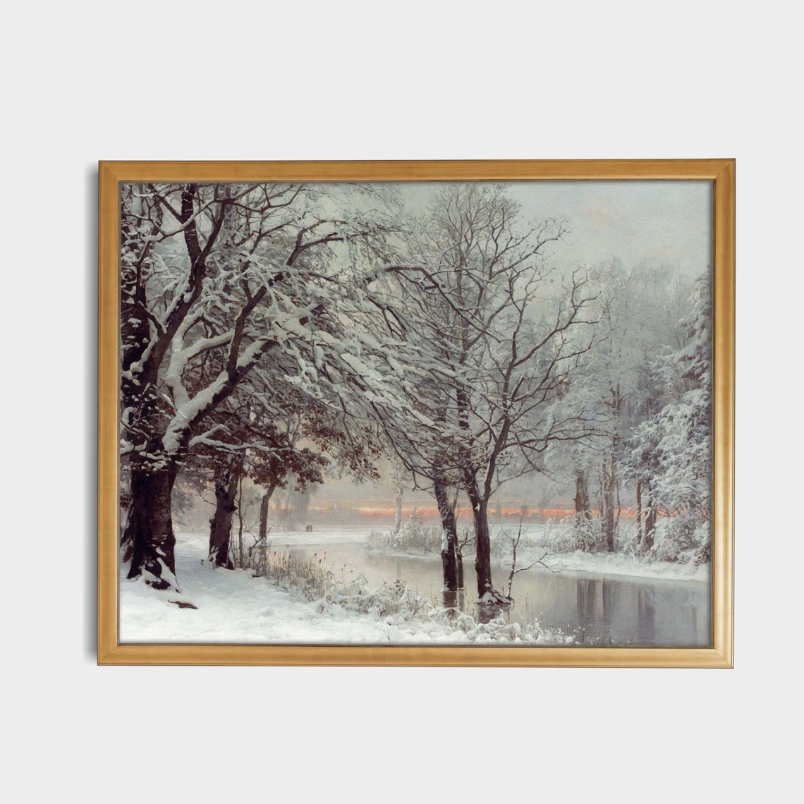Snowy Riverside Trees at Sunset Winter Twilight Calm Scene Poster - Image 3