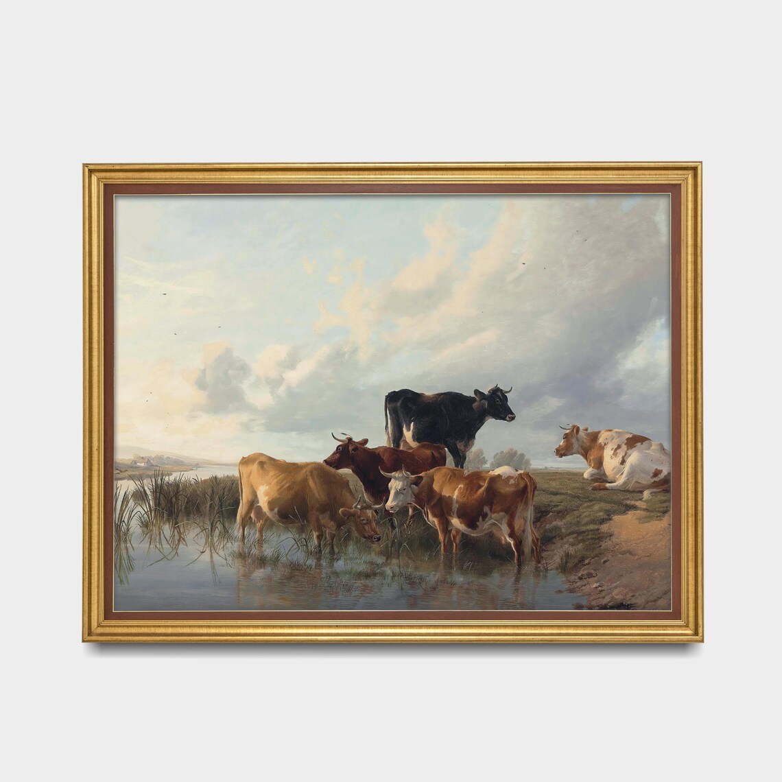 Cattle Watering at the Riverbank Antique Country Landscape Poster - Image 3