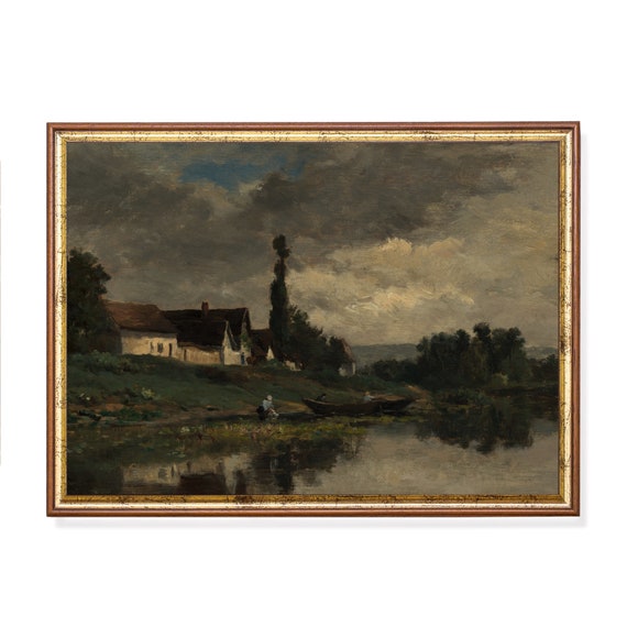 Mailed Print Riverscape Painting Vintage Wall Art Antique Landscape Print Moody Rustic Art Farmhouse Decor Printed And Shipped