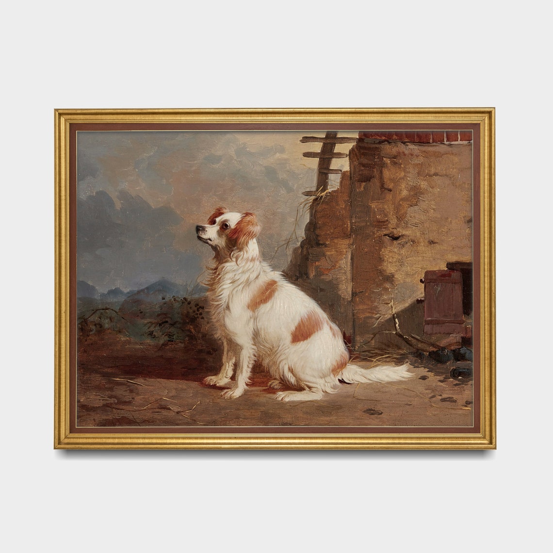 Vintage Cavalier Spaniel by Old Stone Wall Rustic Dog Portrait Poster - Image 4