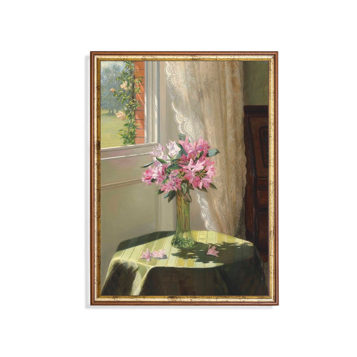Pink Rhododendrons in a Green Glass Vase by a Sunny Window Poster