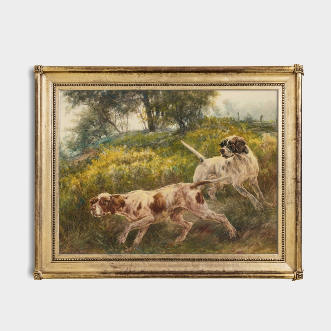 Two Hunting Dogs Running Through Tall Grass Vintage Painting Poster - Image 2