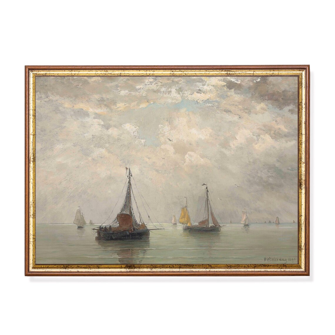 Morning Sailboats on a Hazy Sea Vintage Dutch Seascape Painting Poster