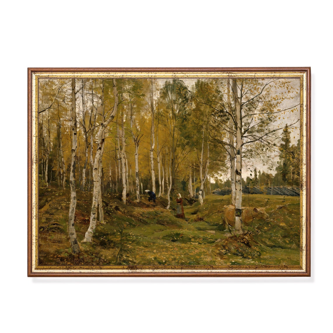 Autumn Birch Forest with Figures Gathering Vintage Painting Poster