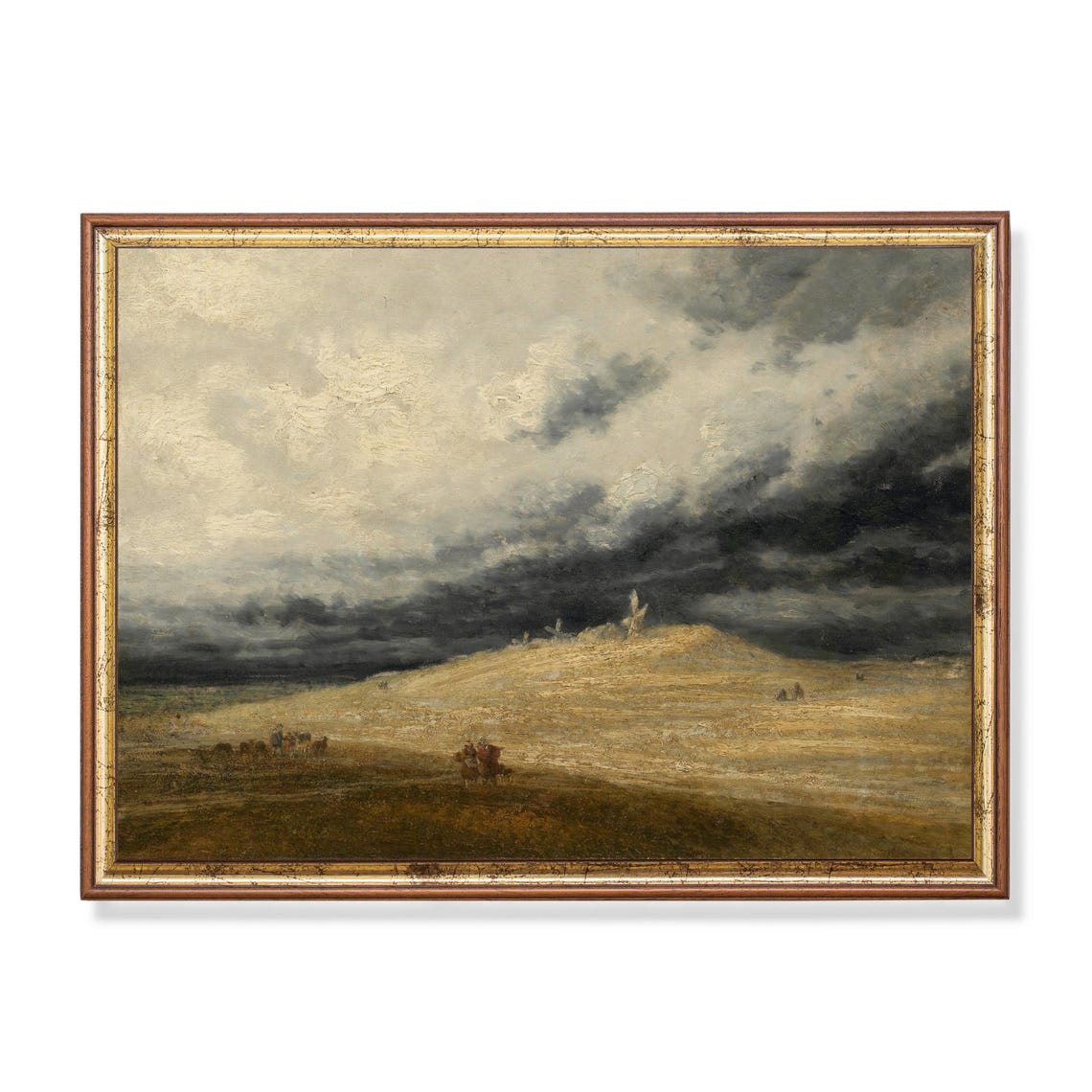 Windmill on Golden Dunes Stormy Sky Vintage Landscape Poster Art