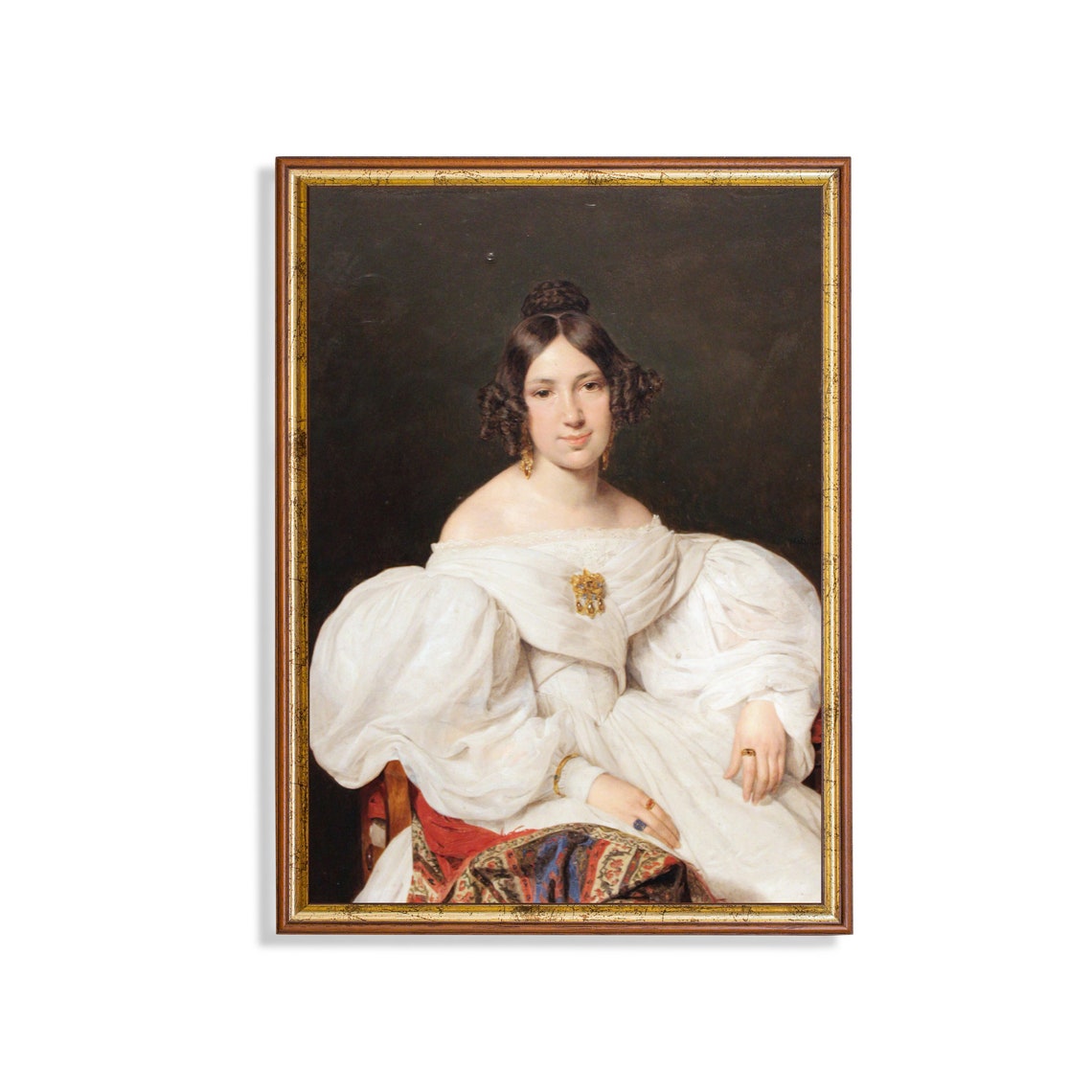 Lady in a White Off Shoulder Dress with Brooch Portrait Poster