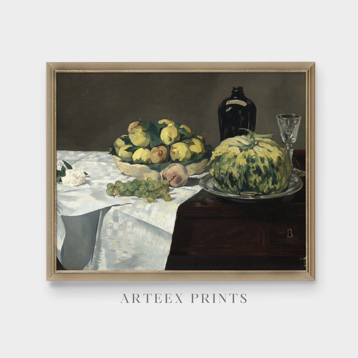 Vintage Still Life With Melon And Peaches Antique Fruit Painting Farmhouse Rustic Kitchen Decor Wall Art - Image 4