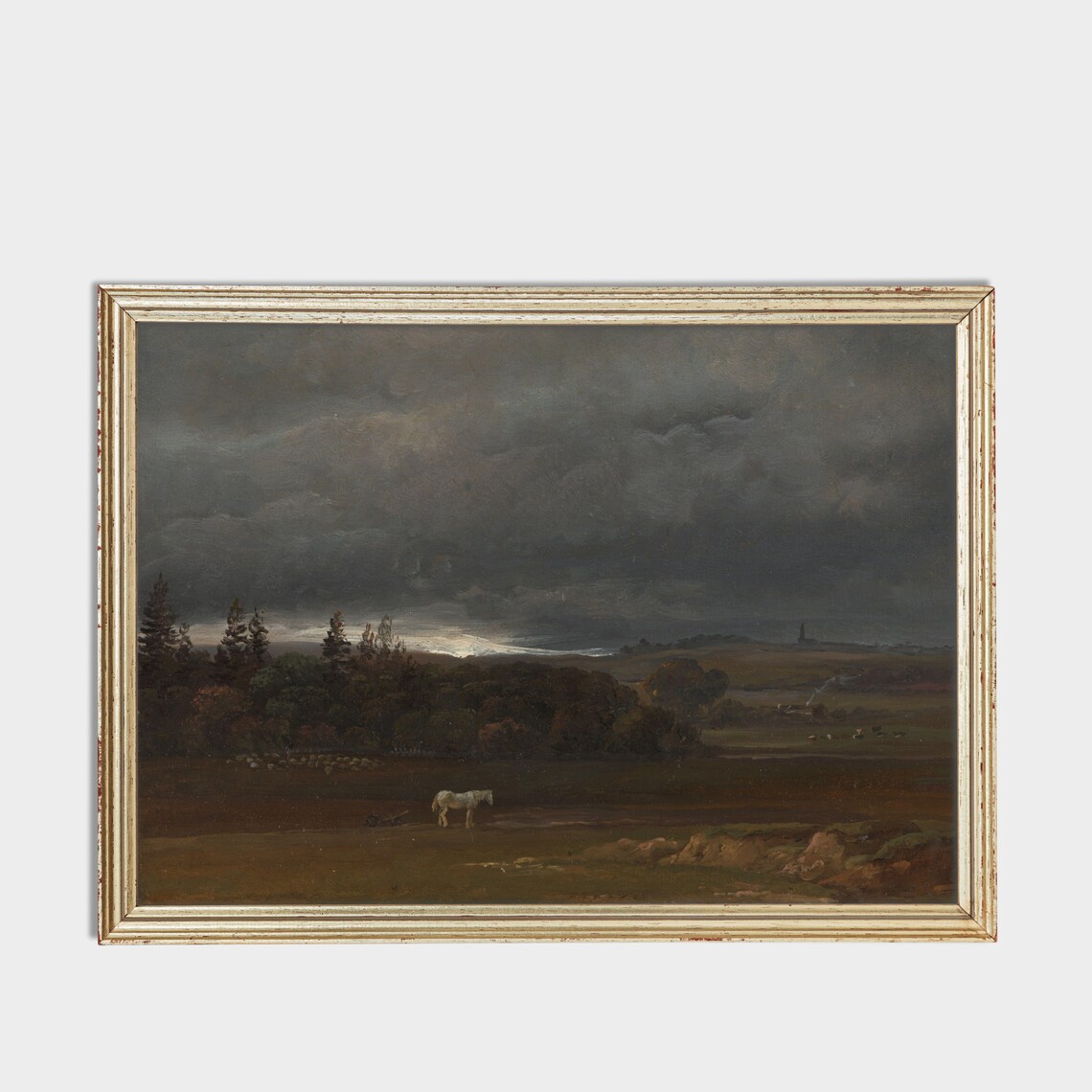 Vintage Landscape Painting, White Horse Farmhouse Art Print - Image 3