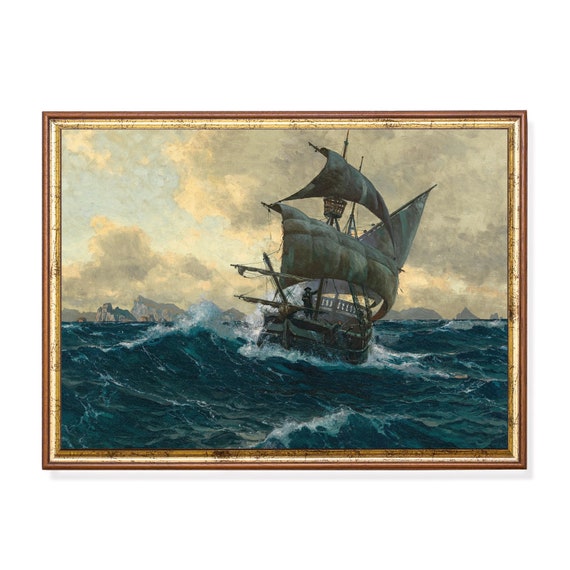 Printed And Shipped Sailboat Painting Moody Dark Rustic Antique Print Seascape Vintage Wall Art Nautical Decor Physical Print