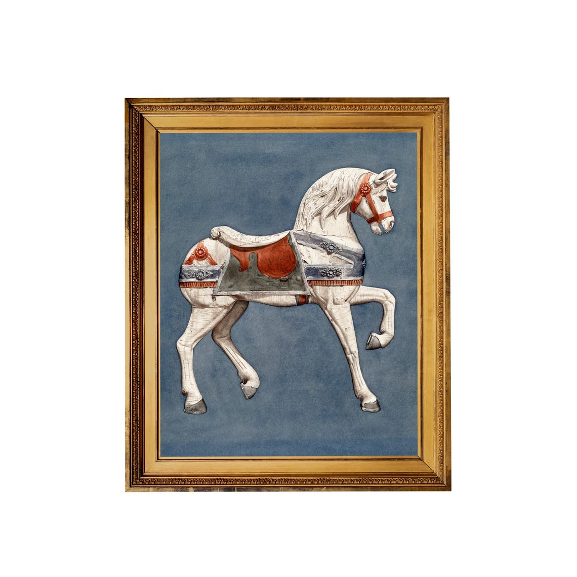 White Carousel Horse Blue Background Vintage Whimsical Poster - Image 3