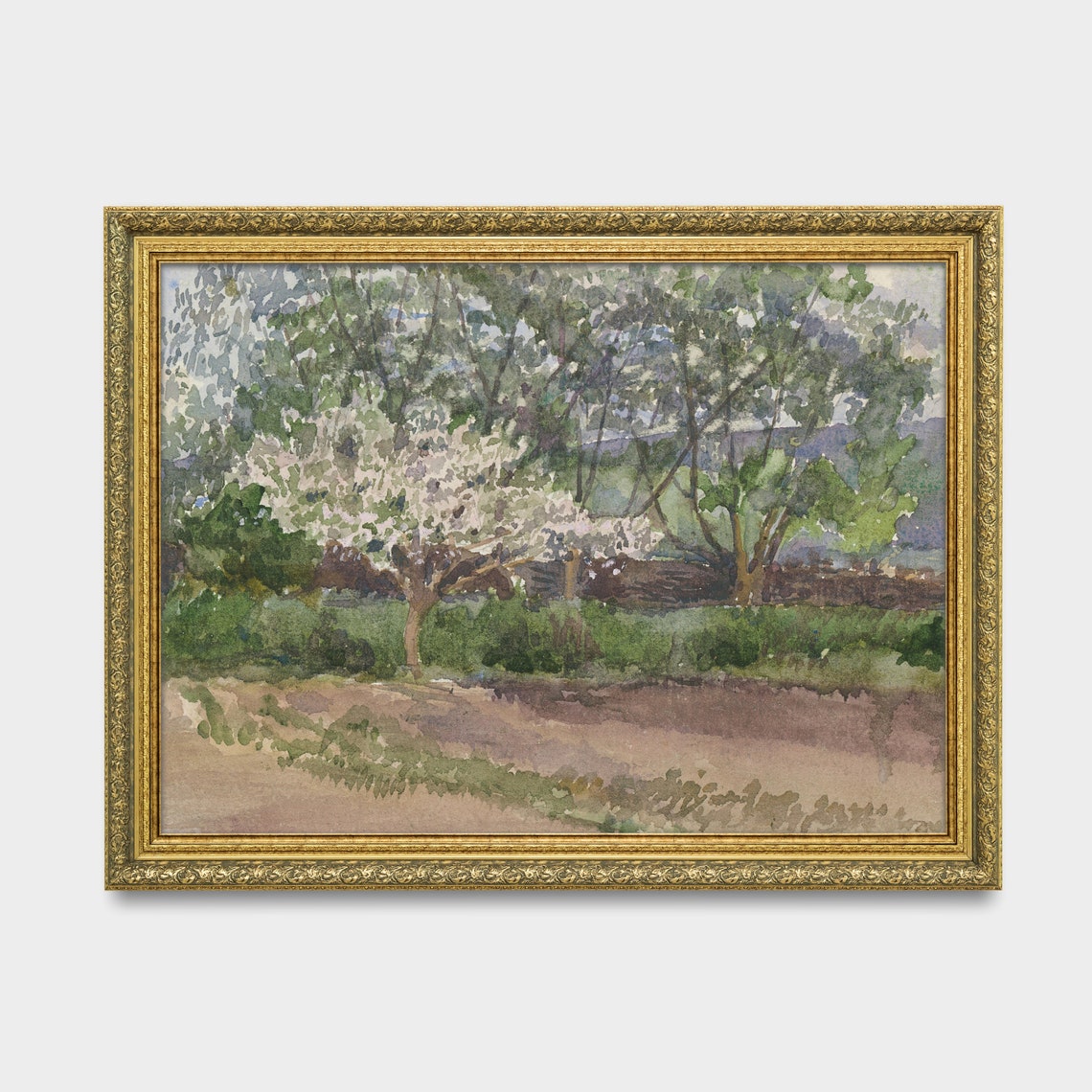Spring Orchard with Blossoming Trees Watercolor Landscape Poster - Image 3