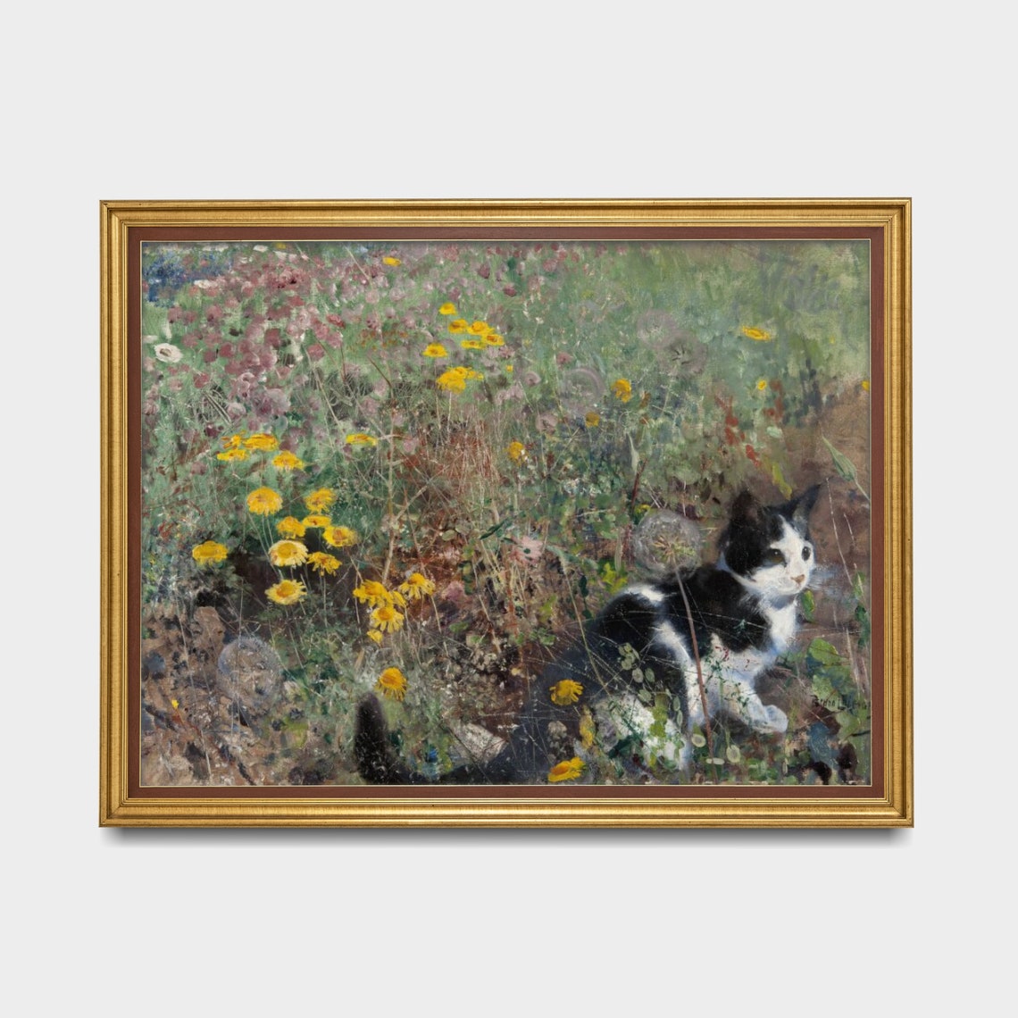 Black and White Cat Among Yellow Wildflowers Vintage Garden Poster - Image 3