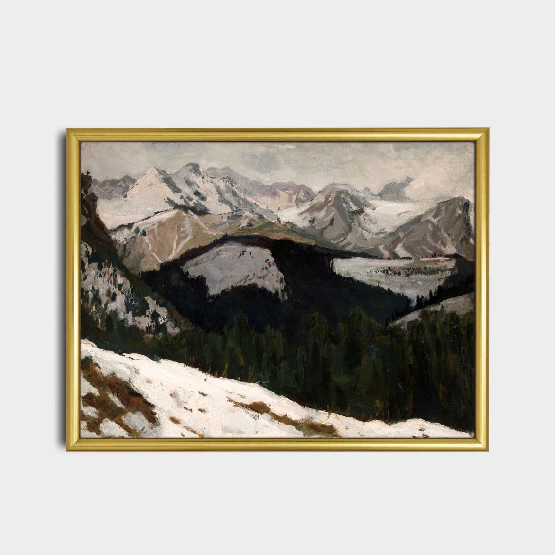 Alpine Panorama with Snow-Capped Peaks and Dark Valley Poster - Image 2