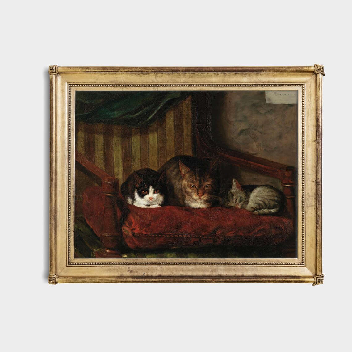 Three Cats on Deep Red Velvet Chair Vintage Feline Oil Poster - Image 4