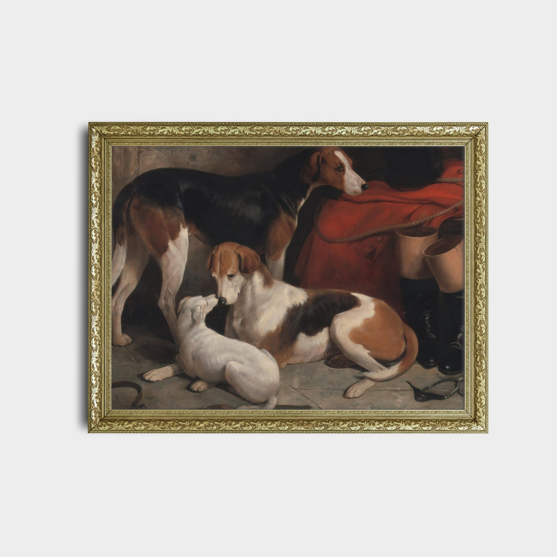 Three Foxhounds Resting by Hunting Boots Vintage Sporting Dog Poster - Image 2