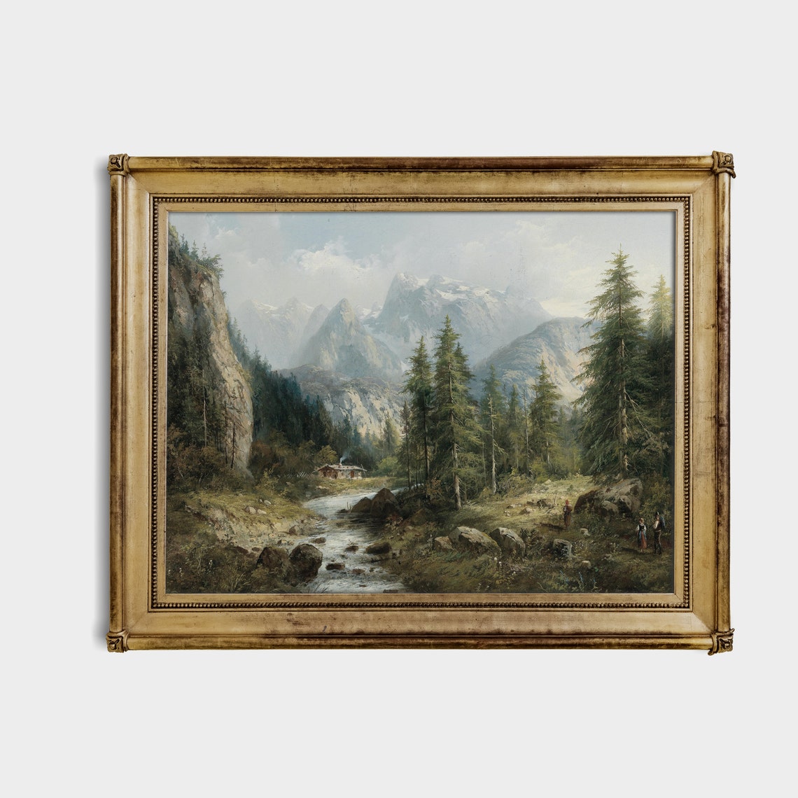 Alpine Stream with Smoky Cabin and Snowy Peaks Vintage Nature Poster - Image 4
