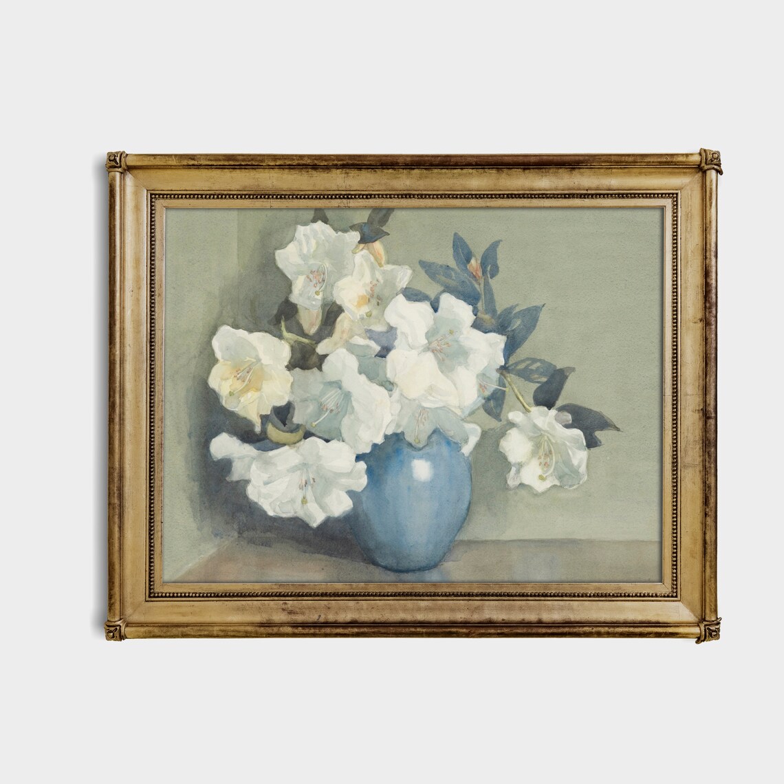 White Azaleas in a Blue Vase Watercolor Floral Painting Poster - Image 4