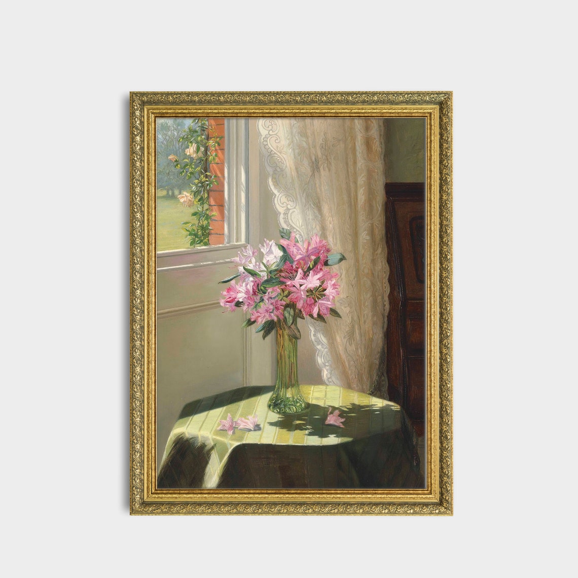 Pink Rhododendrons in a Green Glass Vase by a Sunny Window Poster - Image 3
