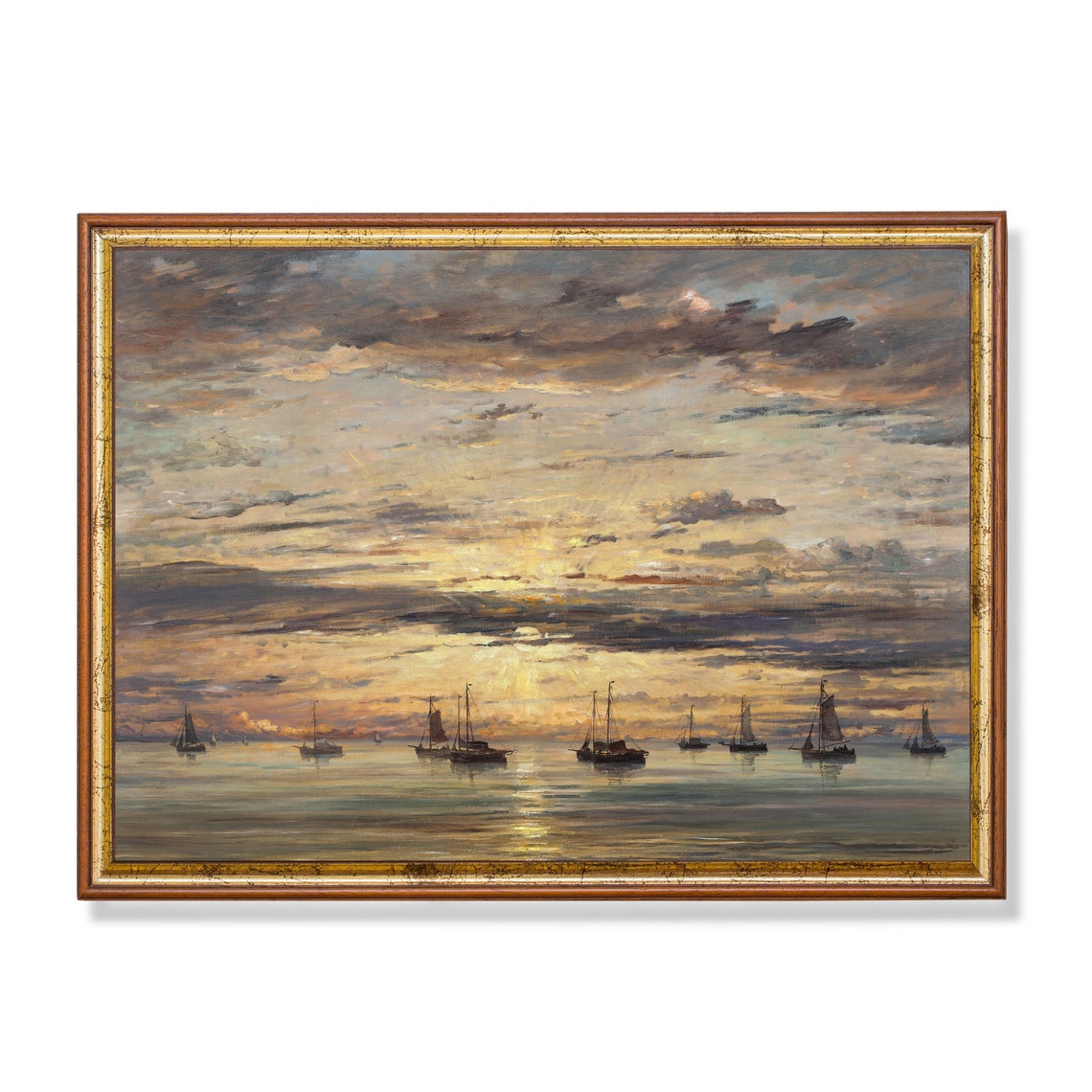 Fishing Fleet at Sunset on a Calm Golden Sea Seascape Poster