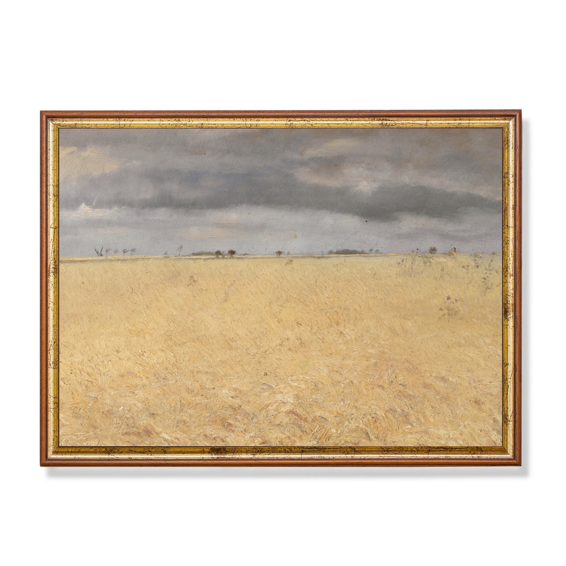 Golden Wheat Field under Stormy Sky Vintage Landscape Painting Poster