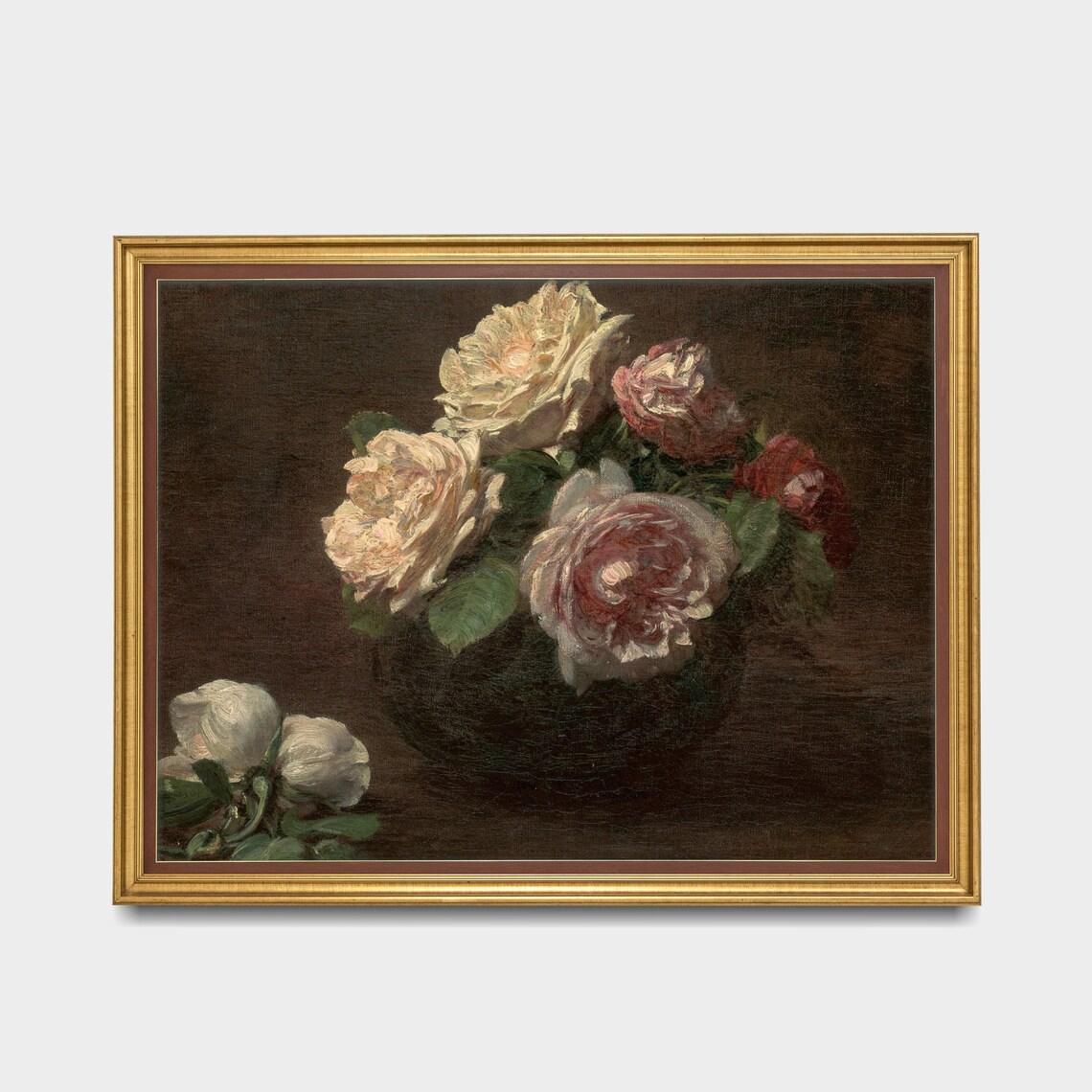 Blush Pink and White Roses Oil Still Life Antique Floral Poster - Image 2
